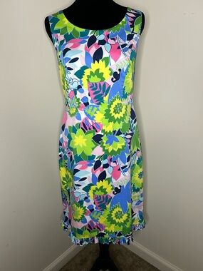 Talbots Floral Sleeveless Midi Dress in Lime Green, Navy & Pink